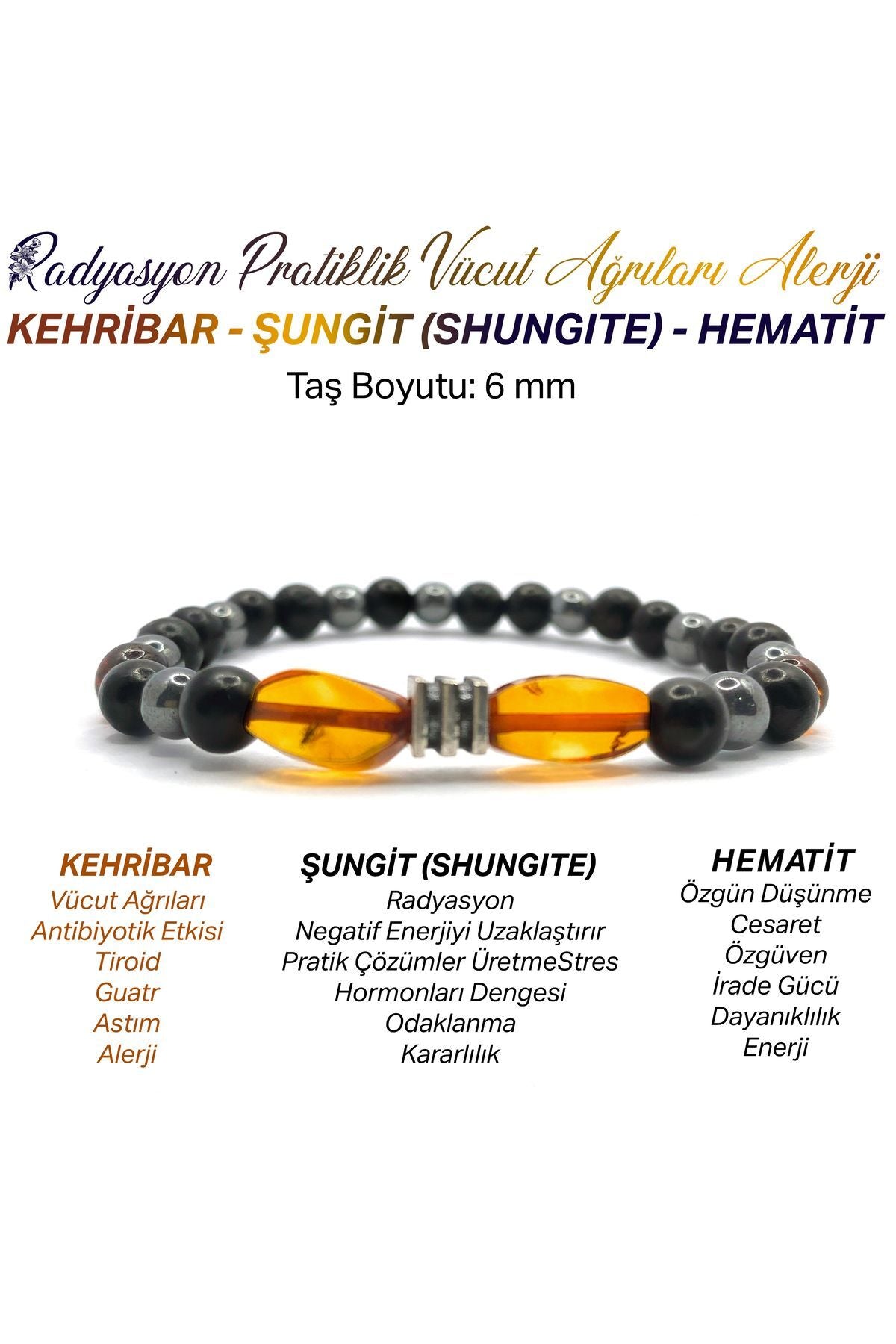 Orijinal Hakiki Kehribar - Shungite - Hematit Misinalı Doğal Taş Bileklik 6mm