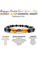 Orijinal Hakiki Kehribar - Shungite - Hematit Misinalı Doğal Taş Bileklik 6mm