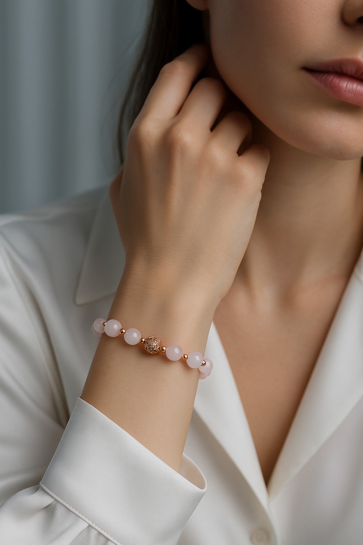 SERTİFİKALI Pembe Kuvars-Hematit Doğal Taş Zirkon Aparatlı Bileklik 6-8 mm