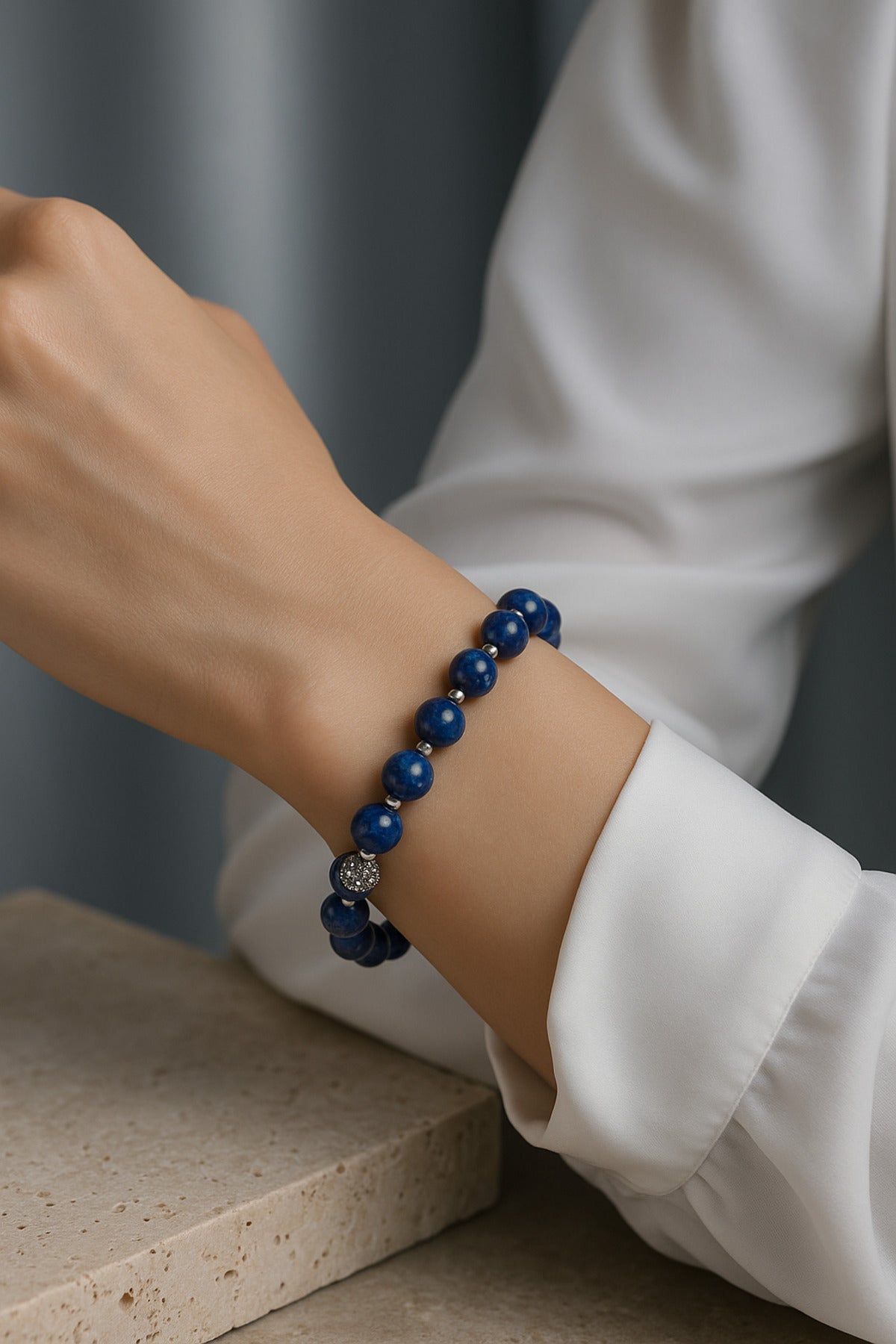 SERTİFİKALI Lapis Lazuli-Hematit Doğal Taş Zirkon Aparat Bileklik 6-8 mm