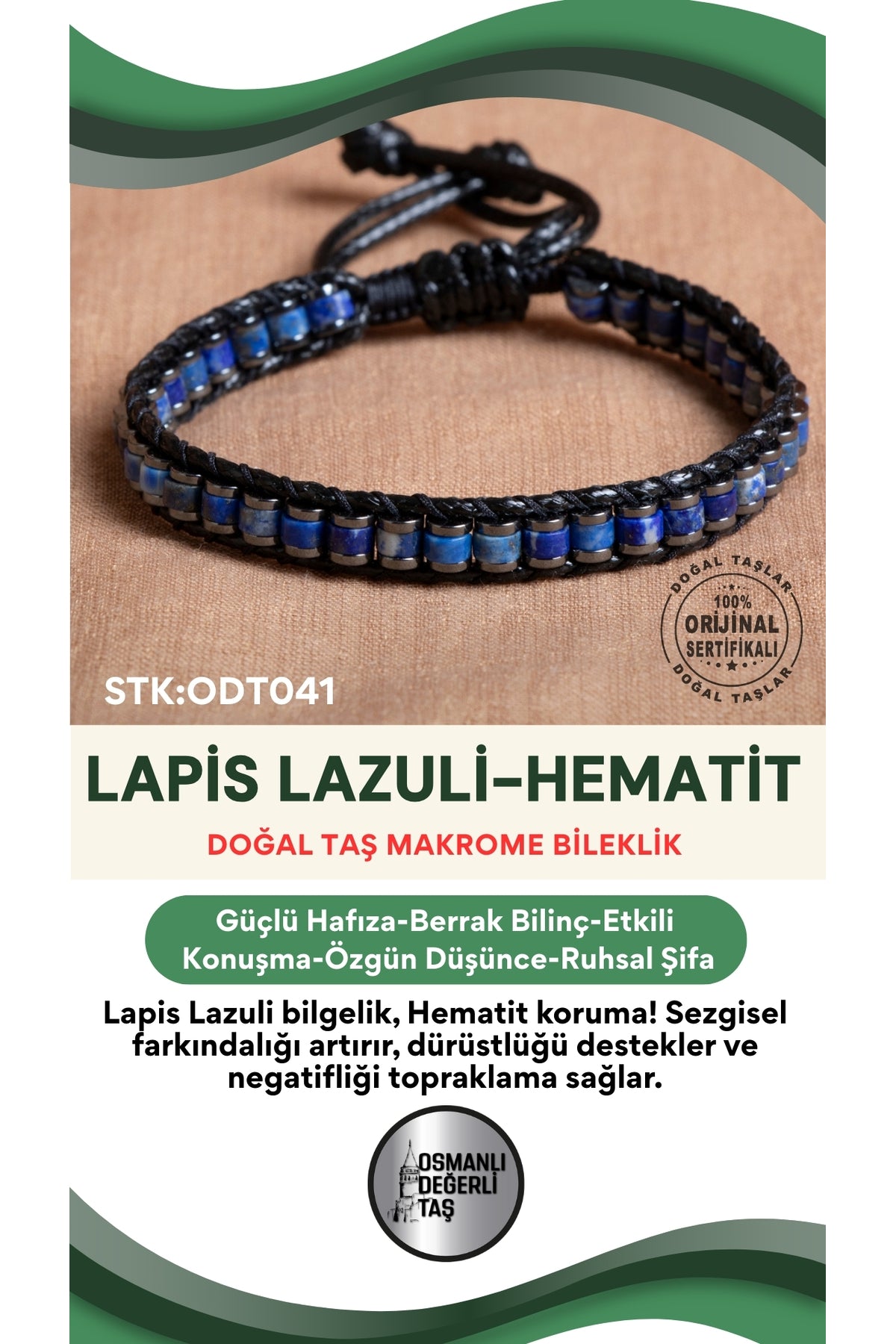 Sertifikalı Lapis Lazuli-Hematit Doğal Taş Makrome Bileklik ODT041