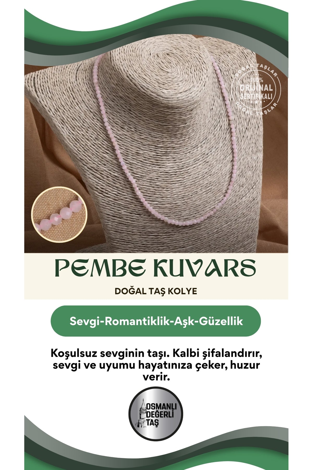 Sertifikalı Pembe Kuvars Doğal Taş Kolye