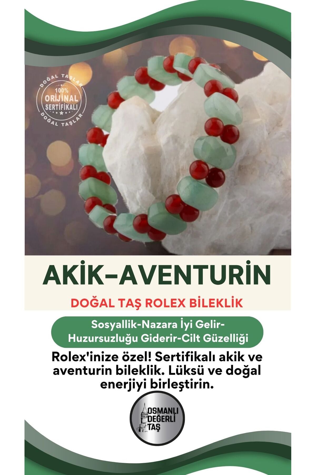 Sertifikalı Akik-aventurin Roleks Bileklik