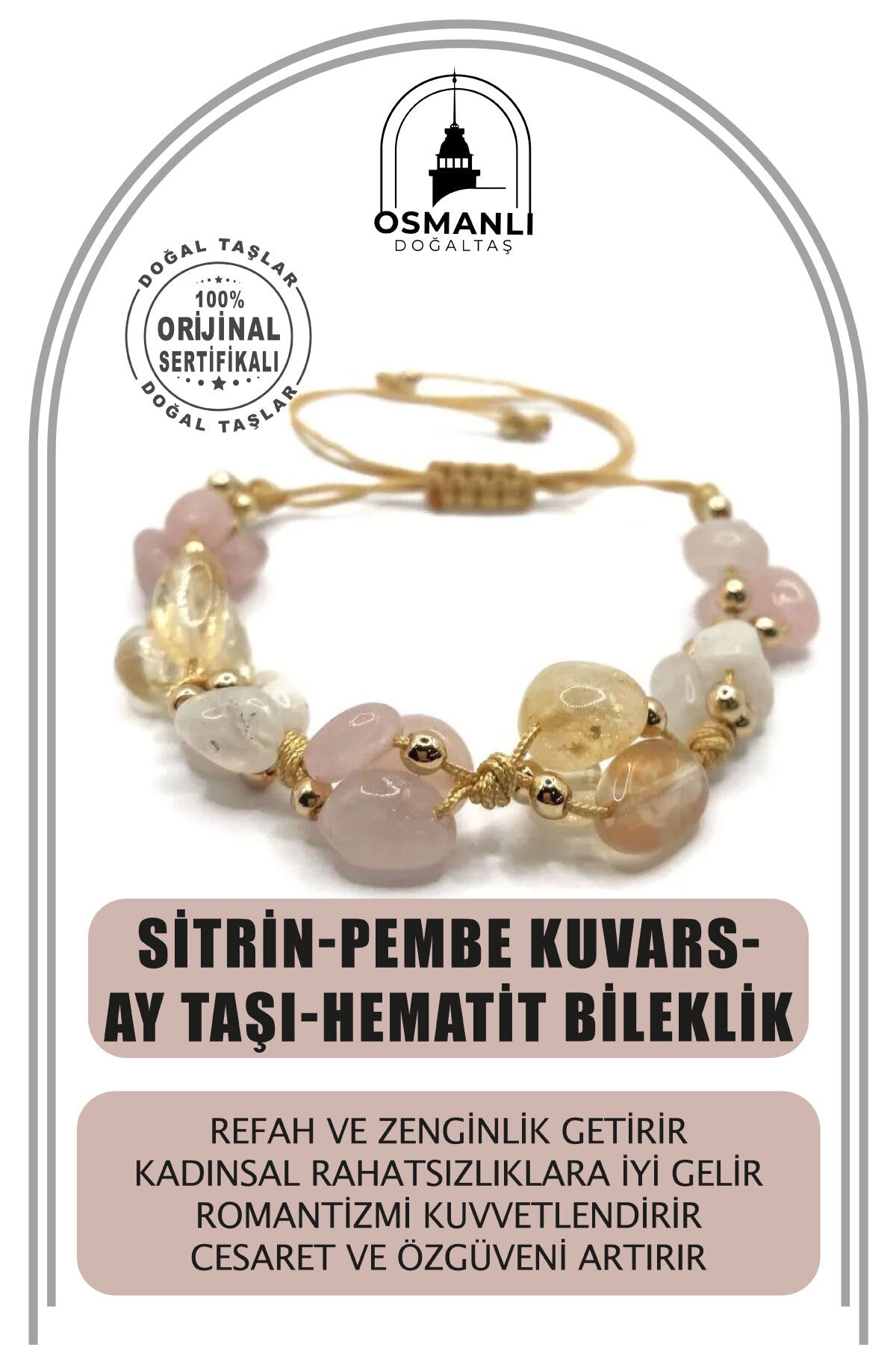 Sertifikalı Hakiki Sitrin-pembe Kuvars-ay Taşı-hematit Doğal Taş Ipli Merdiven Kapama Bileklik
