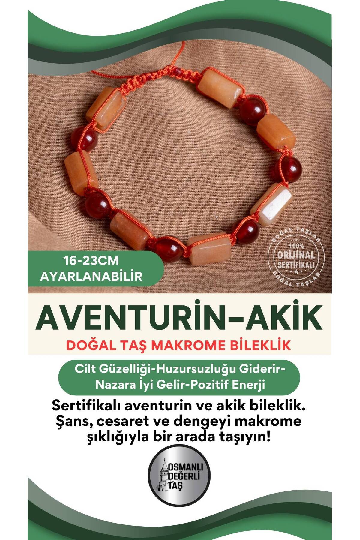 SERTİFİKALI Aventurin-Akik Doğal Taş Ayarlanabilir Makrome Bileklik