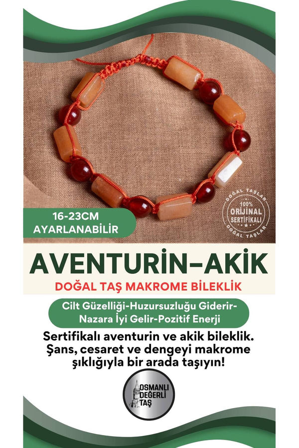 SERTİFİKALI Aventurin-Akik Doğal Taş Ayarlanabilir Makrome Bileklik