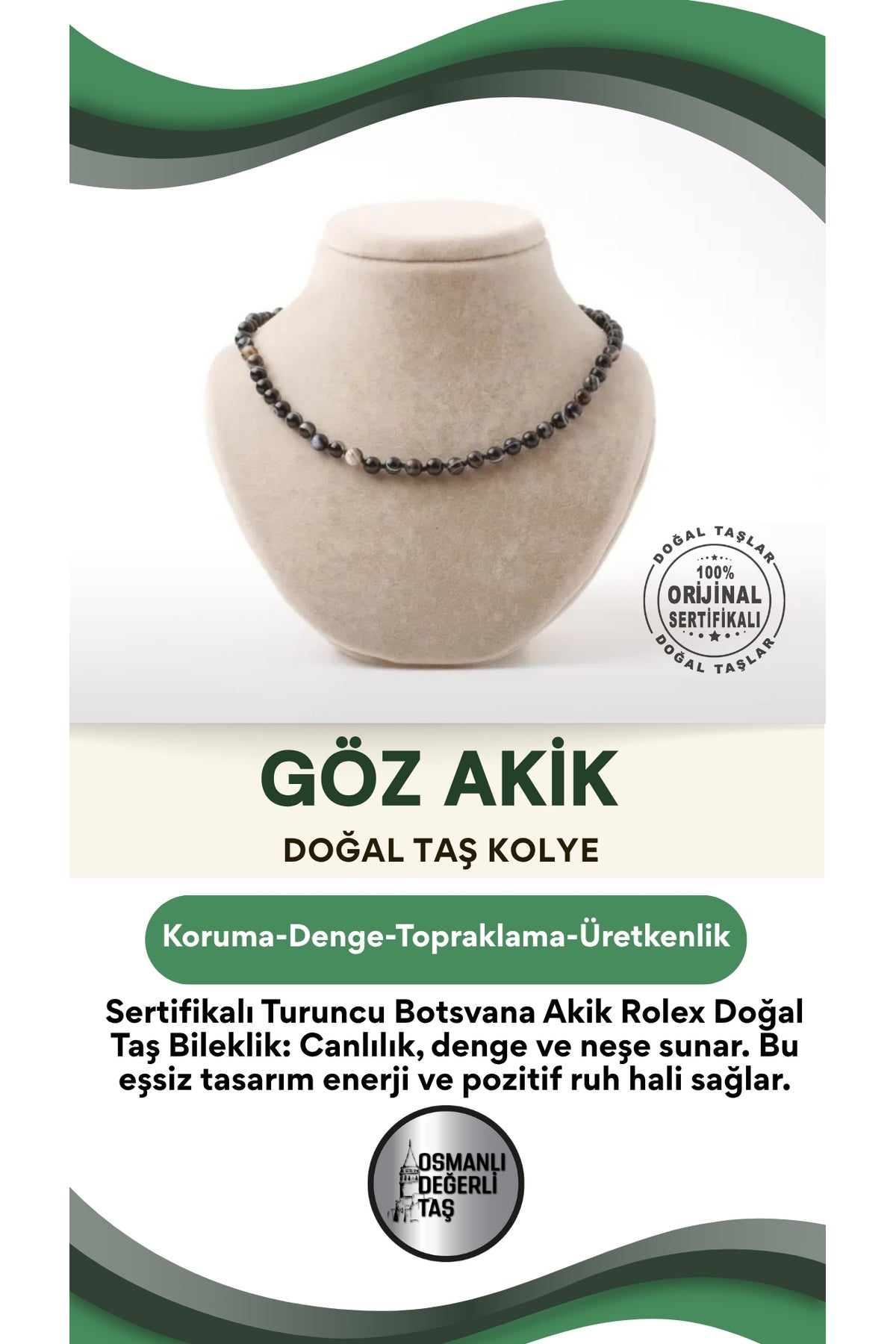 Sertifikalı Göz Akik Doğaltaş Kolye 6 Mm, M568