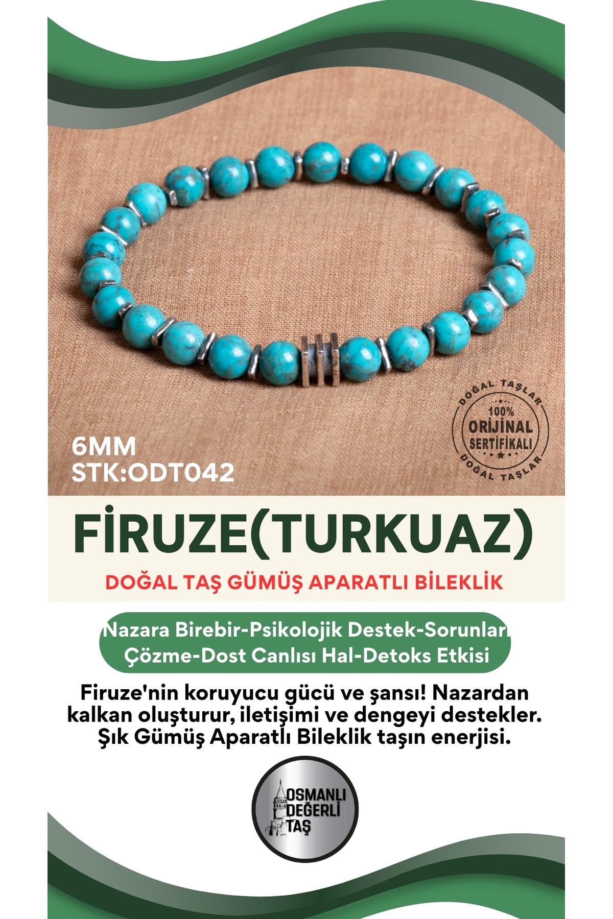 Sertifikalı Firuze(Turkuaz) Doğal Taş Gümüş Aparatlı Bileklik ODT042