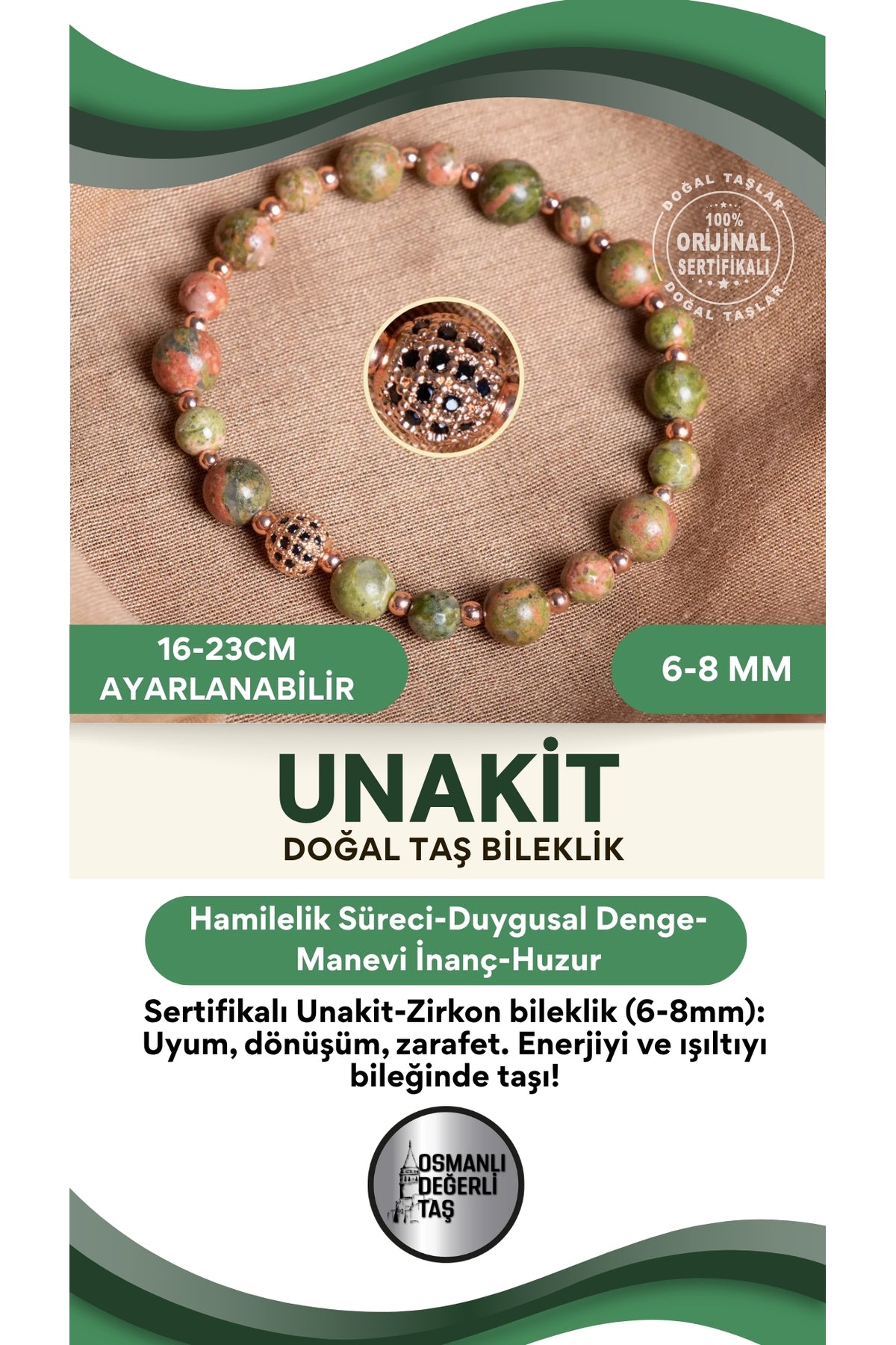 SERTİFİKALI Unakit Doğal Taş Zirkon Aparat Bileklik 6-8 mm