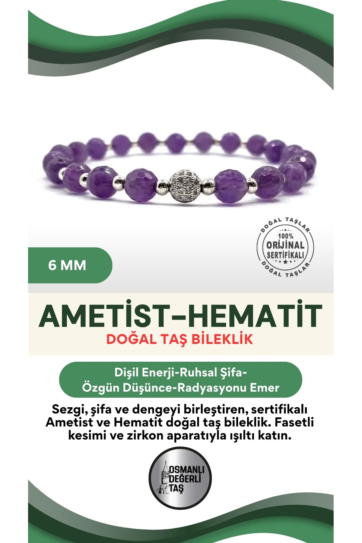 Sertifikalı Hakiki Orijinal 6mm Fasetli Ametist Doğal Taş Hematit-Zirkon Aparatlı Misinalı Bileklik