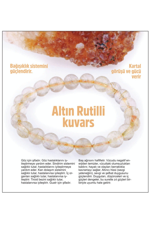 Sertifikalı Doğal Taş Bileklik - Altın Rutilli Kuvars