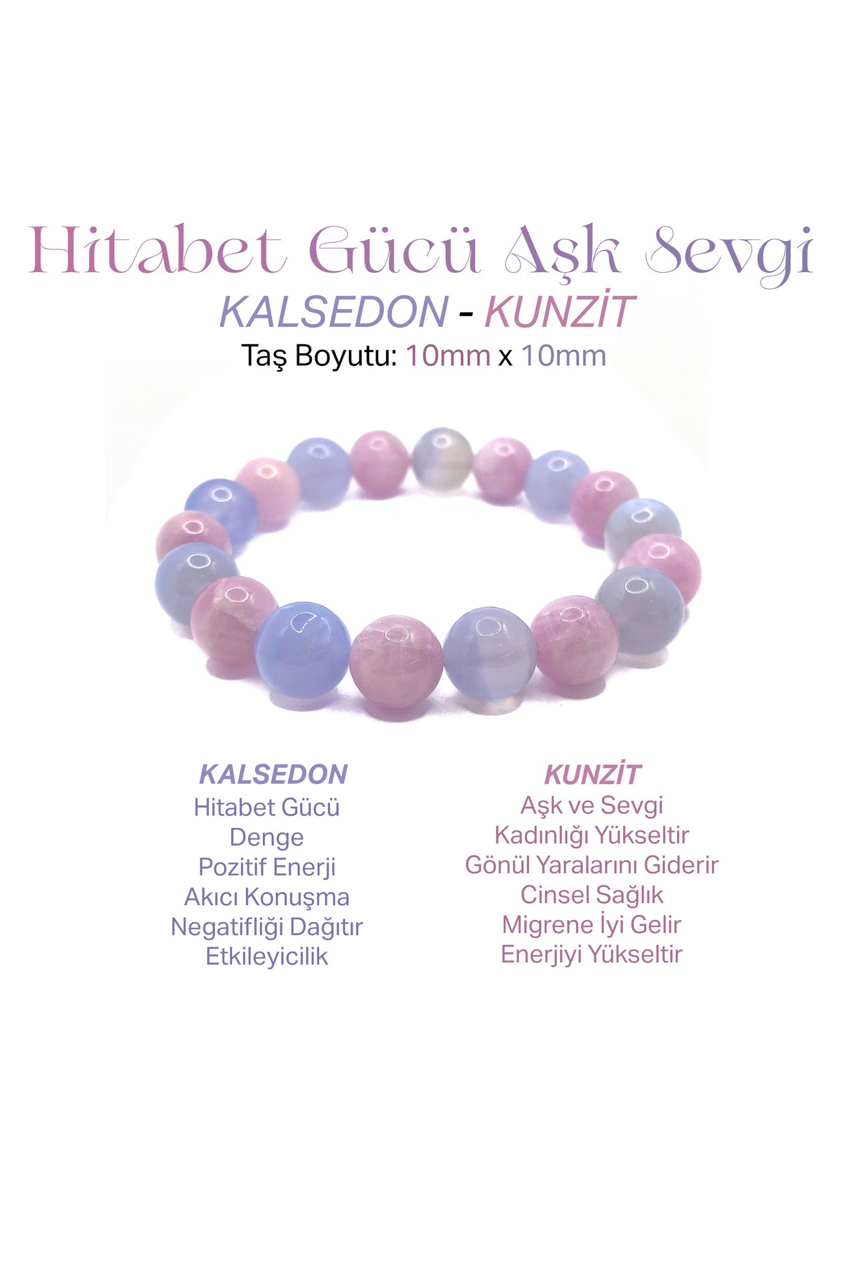 Sertifikalı Hakiki Orijinal Kunzit - Mavi Akik Doğal Taş 10mm Misinalı Bileklik