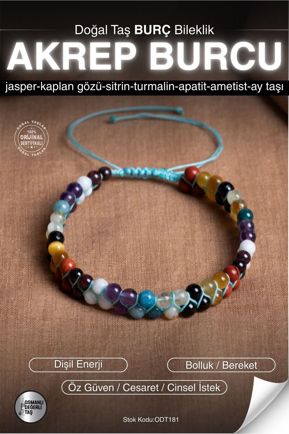 SERTİFİKALI Jasper-Kaplan G-Sitrin-Turmalin-Apatit-Ametist Akrep Burç Doğal Taş Bileklik ODT181