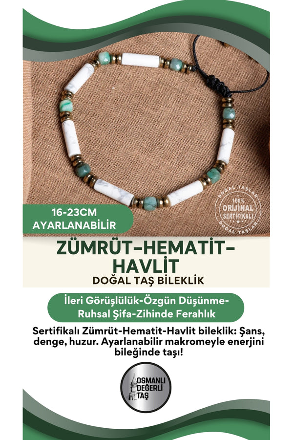 SERTİFİKALI Zümrüt Hematit Havlit Doğal Taş Makrome Ayarlanabilir Bileklik