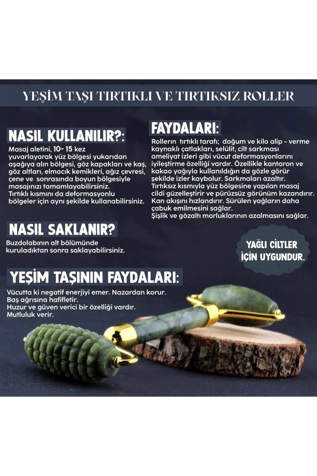 Sertifikalı Yeşim Doğal Taşı Tırtıklı Roller Masaj Aleti 15 X 6 Cm Ma016