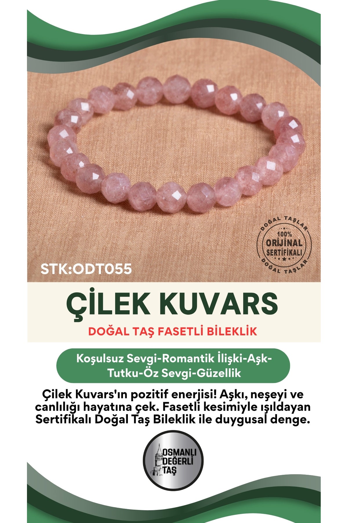 Sertifikalı Çilek Kuvars Doğal Taş Fasetli Bileklik ODT055
