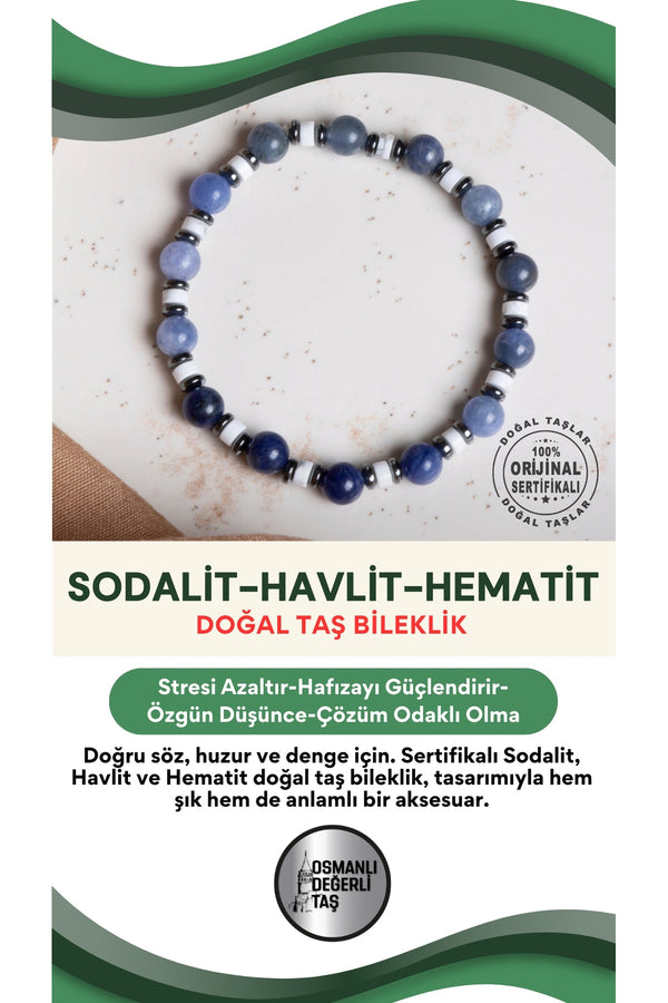SERTİFİKALI Sodalit-Havlit-Hematit Doğal Taş Bileklik