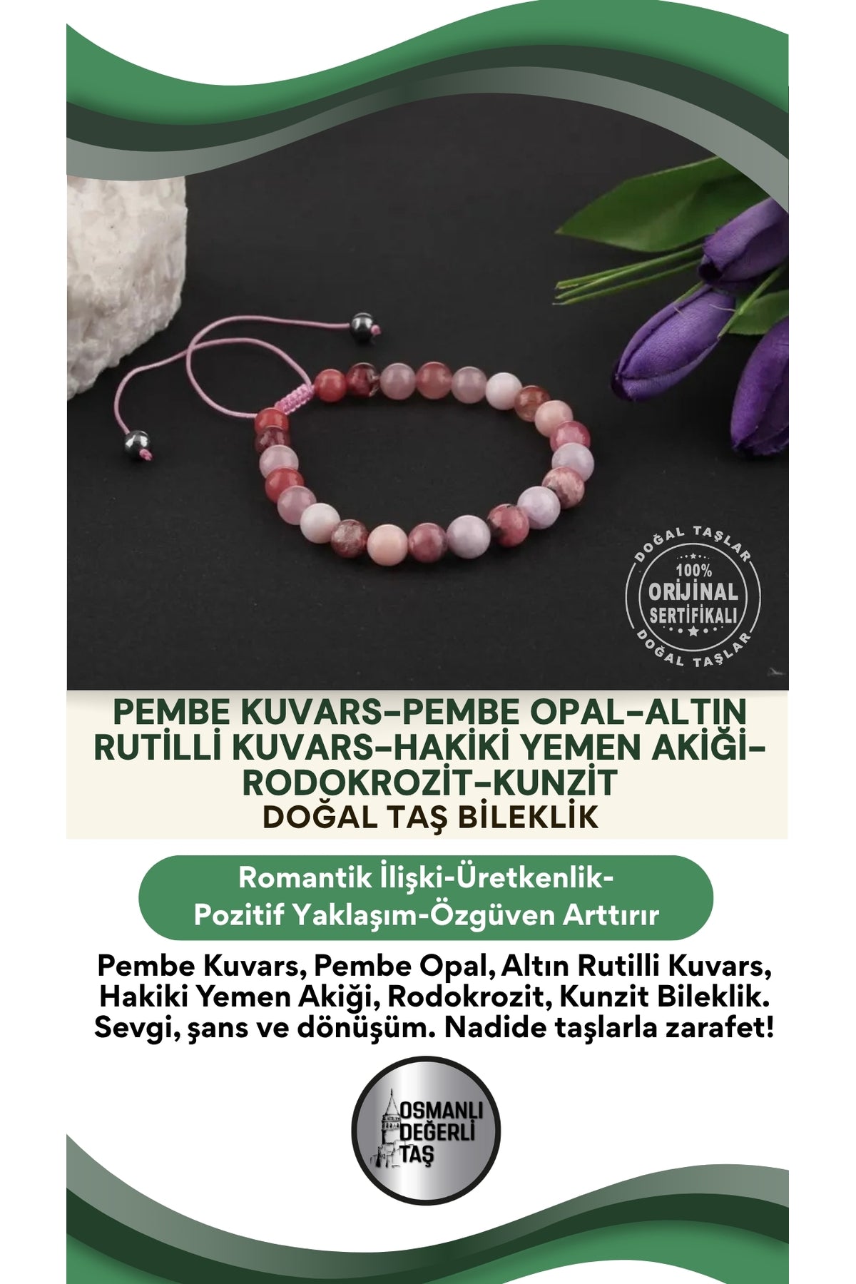 Pembe Kuvars, Pembe Opal, Altın Rutilli Kuvars, Hakiki Yemen Akiği, Rodokrozit, Kunzit Bileklik B905
