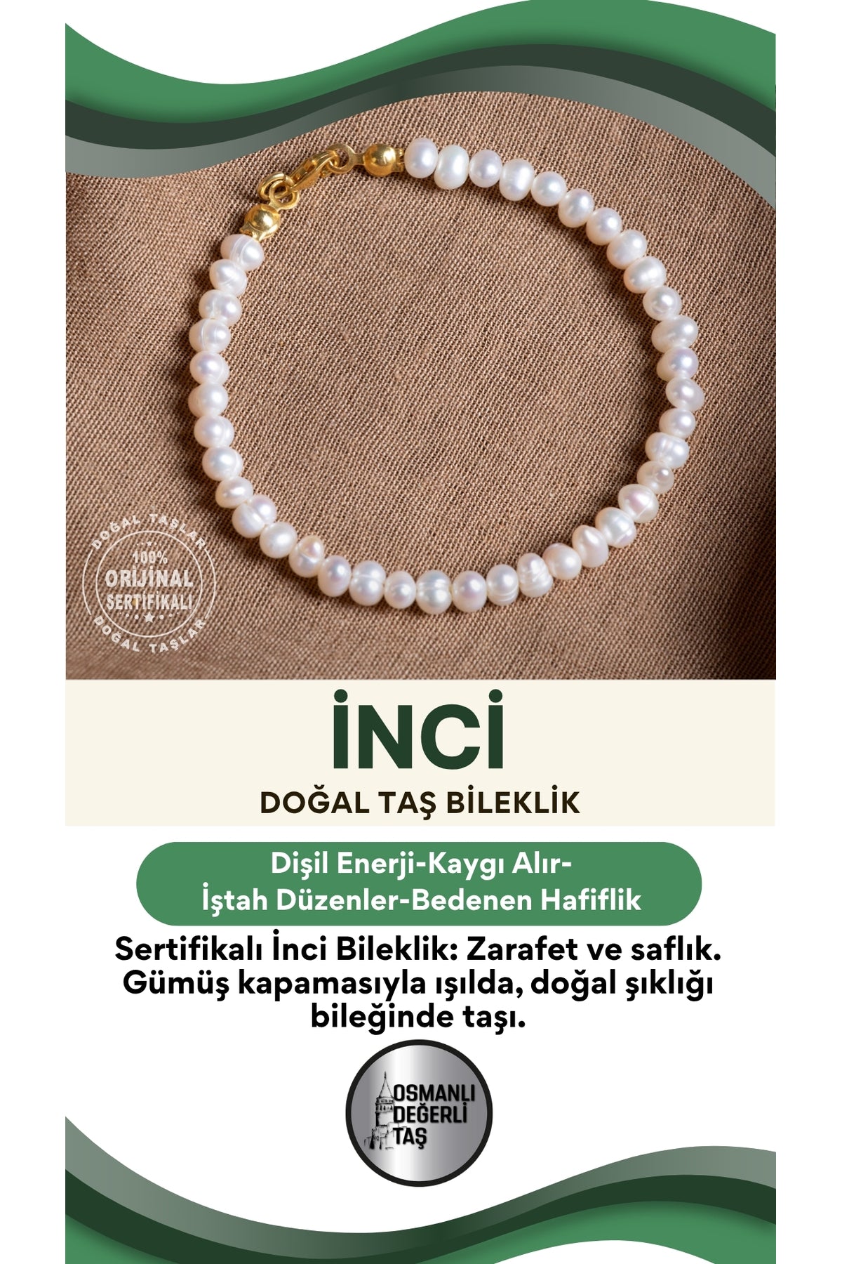 SERTİFİKALI İnci Doğal Taş Gümüş Kapama Bileklik