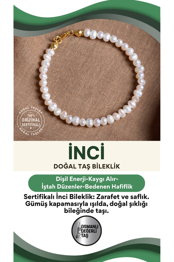 SERTİFİKALI İnci Doğal Taş Gümüş Kapama Bileklik