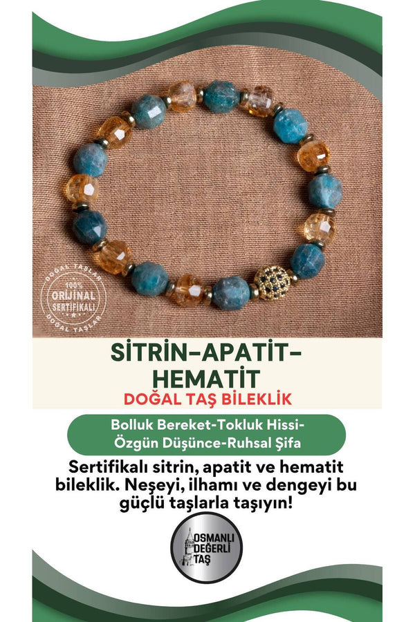SERTİFİKALI Sitrin-Apatit-Hematit Doğal Taş Bileklik