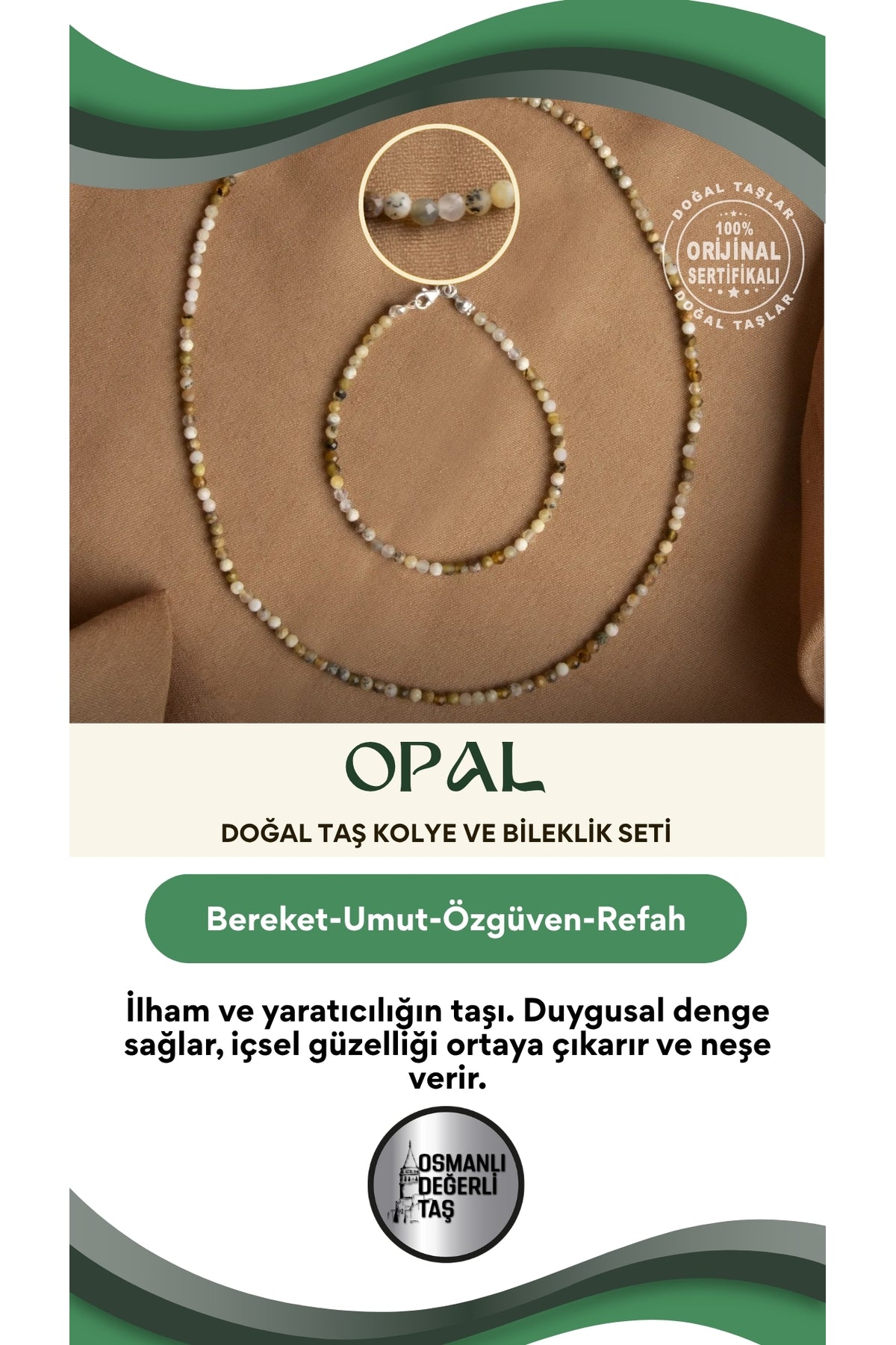 Sertifikalı Opal Doğal Taşı Kolyeli Bileklik Seti