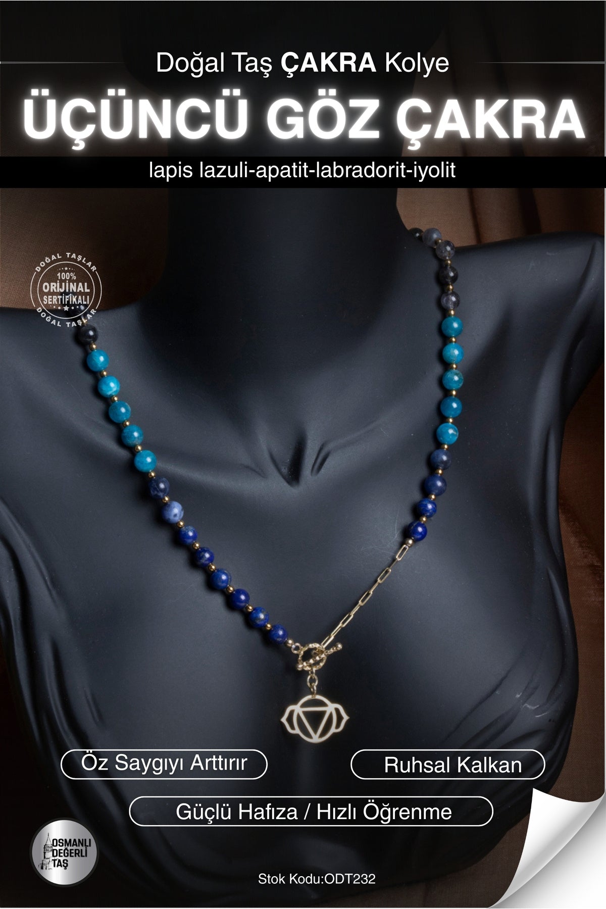 SERTİFİKALI Lapis Lazuli-Apatit-Labradorit-İyolit Doğal Taş Üçüncü Göz Çakra Kolye ODT232