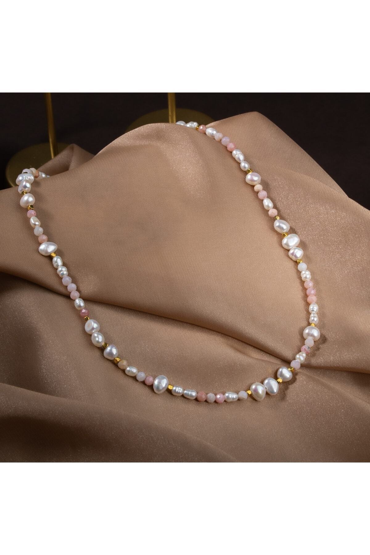 Inci-pembe Opal Doğal Taş Altın Kaplama Kapama Kolye (3cm Uzatma Ile Birlikte)