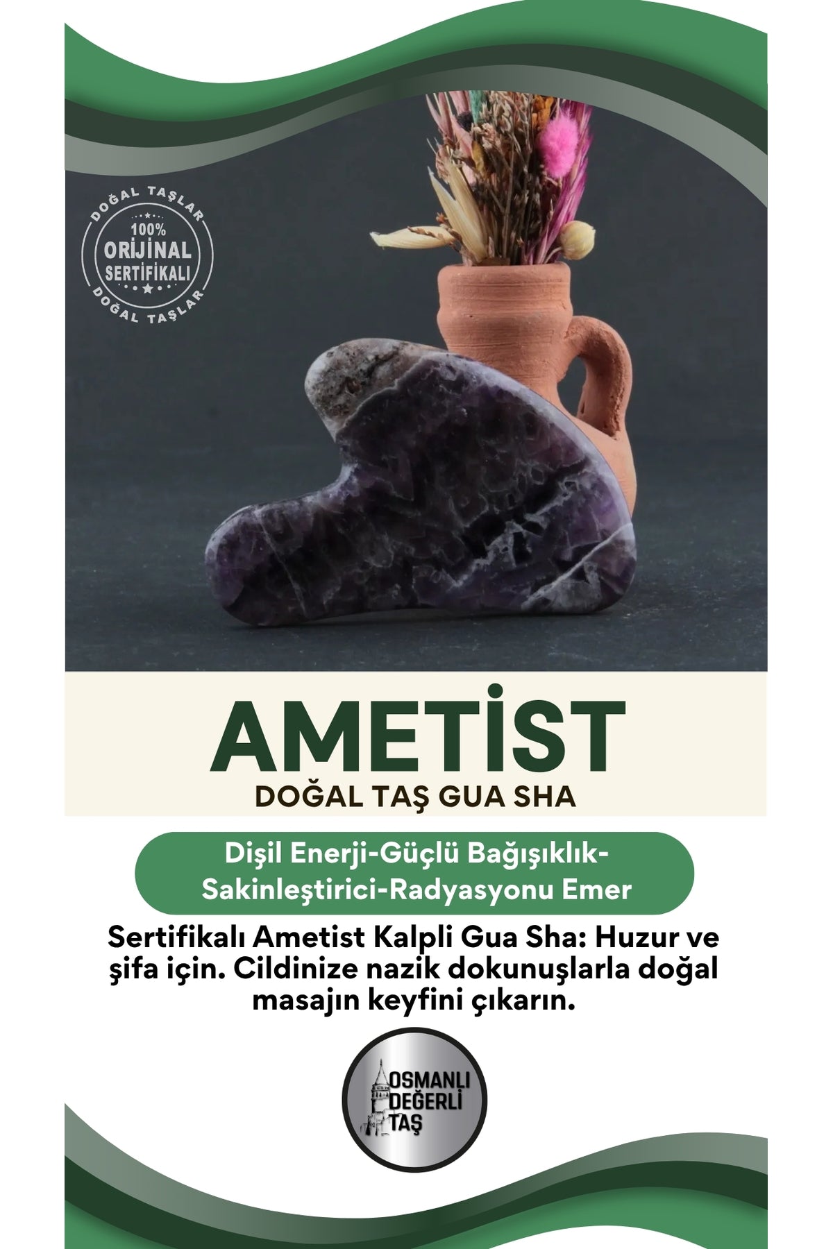 Sertifikalı Ametist Doğal Taşı Kalpli Gua Sha Masaj Taşı