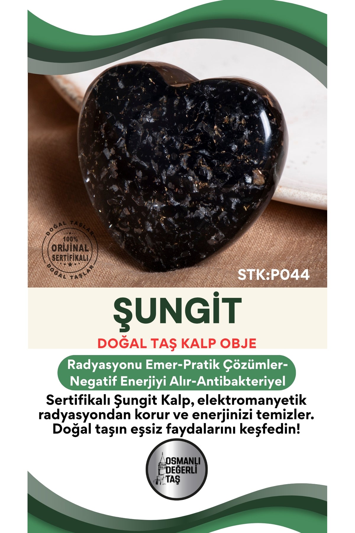 Sertifikalı Şungit Doğal Taş Kalp Obje P044