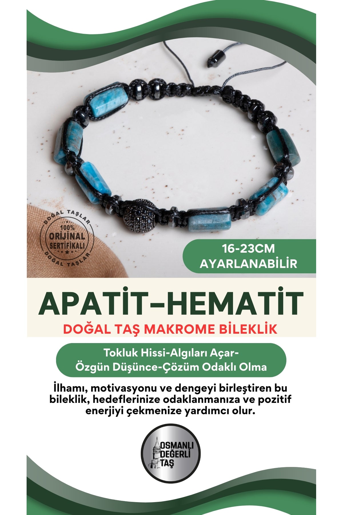 SERTİFİKALI Apatit-Hematit Doğal Taş Makrome Ayarlanabilir Zirkon Aparatlı Bileklik