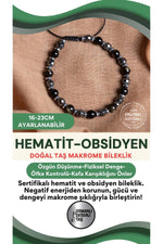 SERTİFİKALI Hematit-Obsidyen Doğal Taş Ayarlanabilir Makrome Bileklik 6 mm