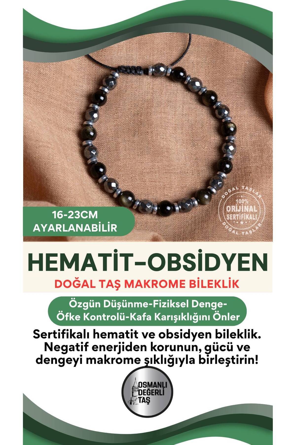 SERTİFİKALI Hematit-Obsidyen Doğal Taş Ayarlanabilir Makrome Bileklik 6 mm