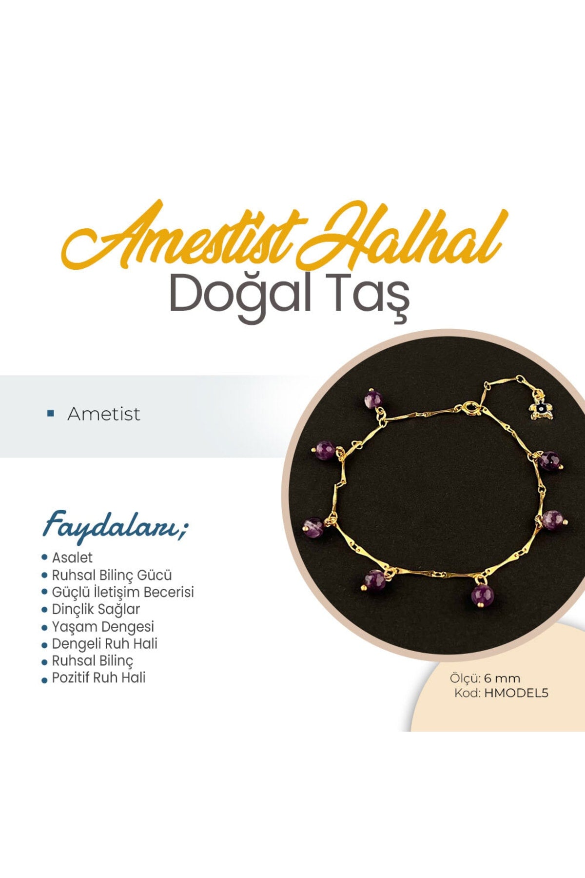 Sertifikalı Ametist Doğaltaş Halhal 6 Mm, B952