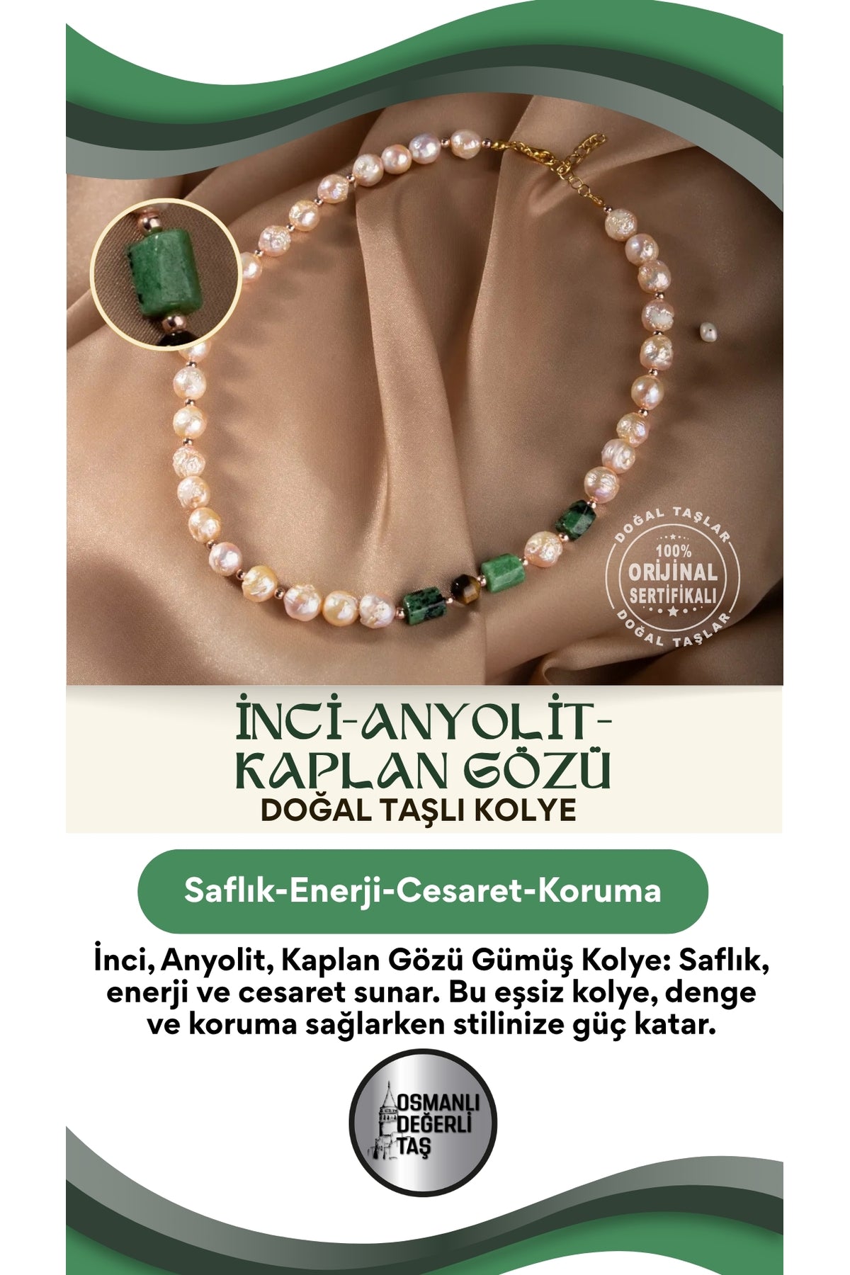 Inci-anyolit-kaplan Gözü Doğal Taş Gümüş Kolye