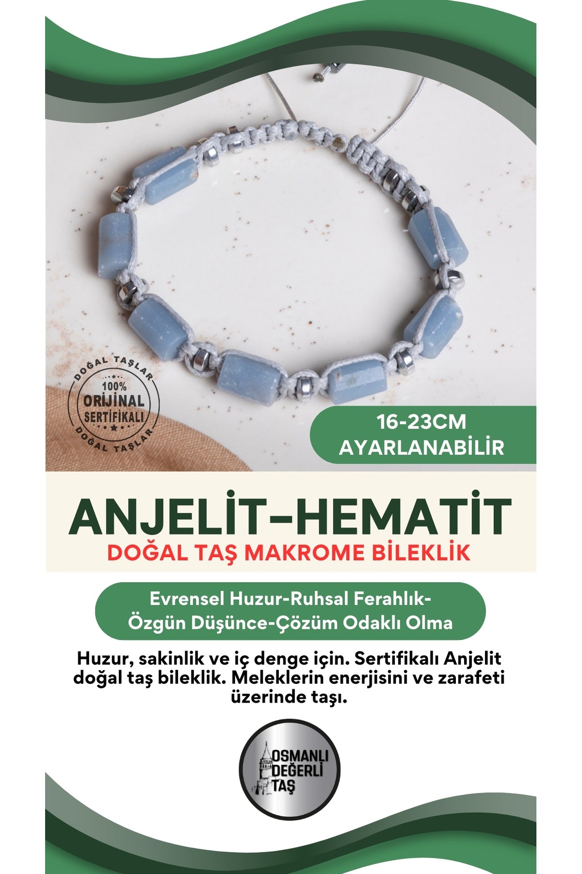 SERTİFİKALI Anjelit Doğal Taş Makrome Ayarlanabilir Zirkon Aparatlı Bileklik