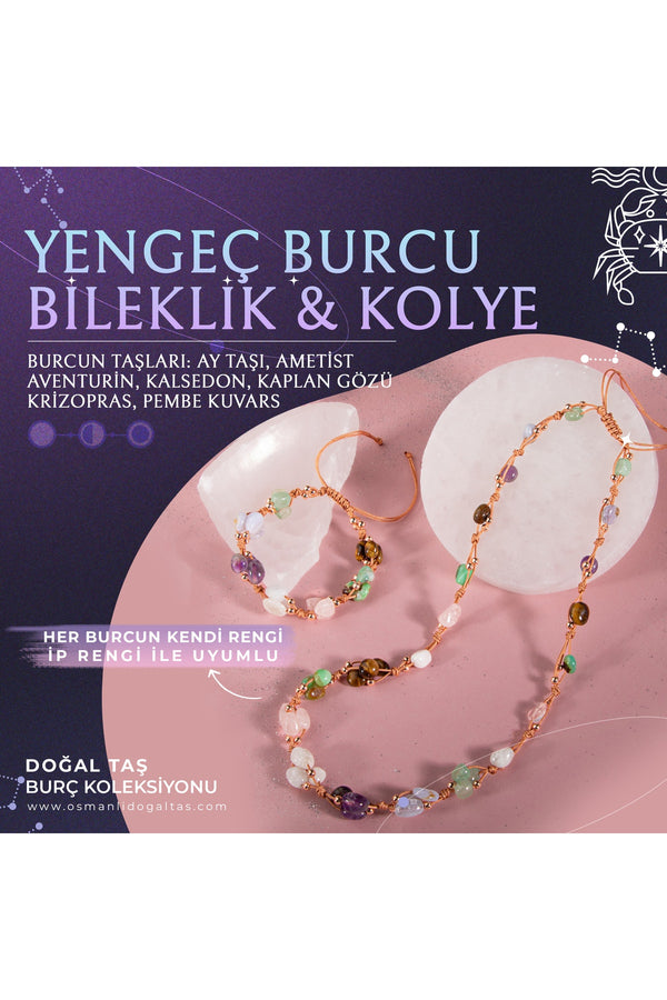 Yengeç Burcu Doğal Taş Natürel Makrome Kolye Bileklik Seti