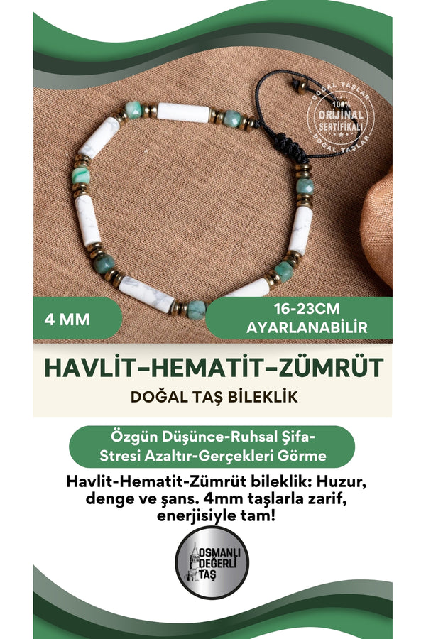 SERTİFİKALI Havlit Hematit Zümrüt Doğal Taş Makrome Bileklik (4 mm)