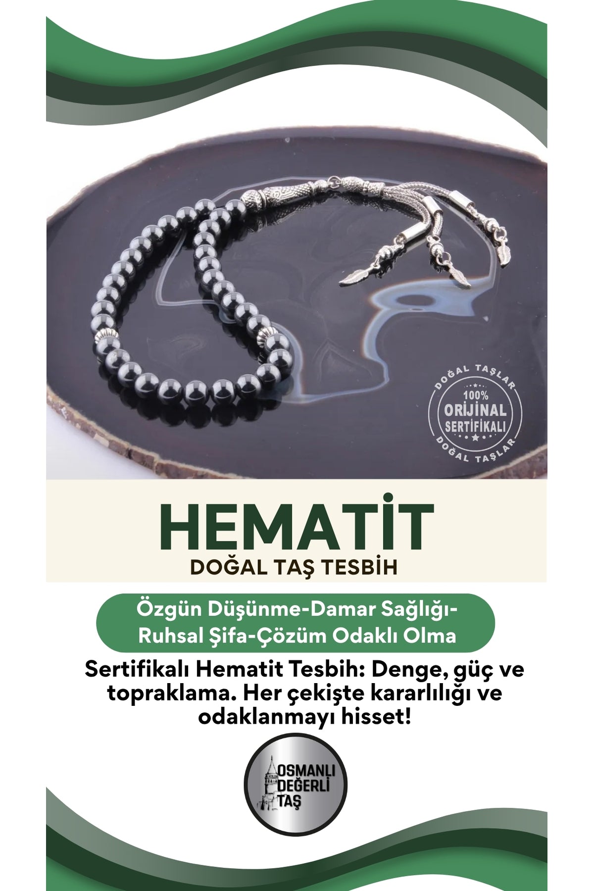 Sertifikalı Hematit Doğal Taş Tesbih T186