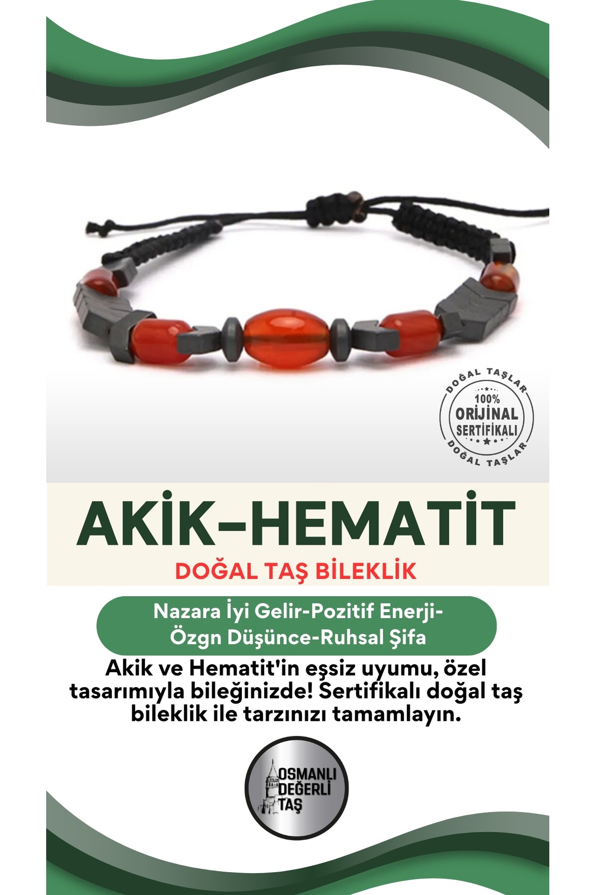 Sertifikalı Özel Tasarım Akik Ve Hematit Bileklik