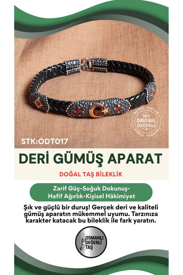 Sertifikalı Deri Gümüş Aparatlı Doğal Taş Bileklik ODT017