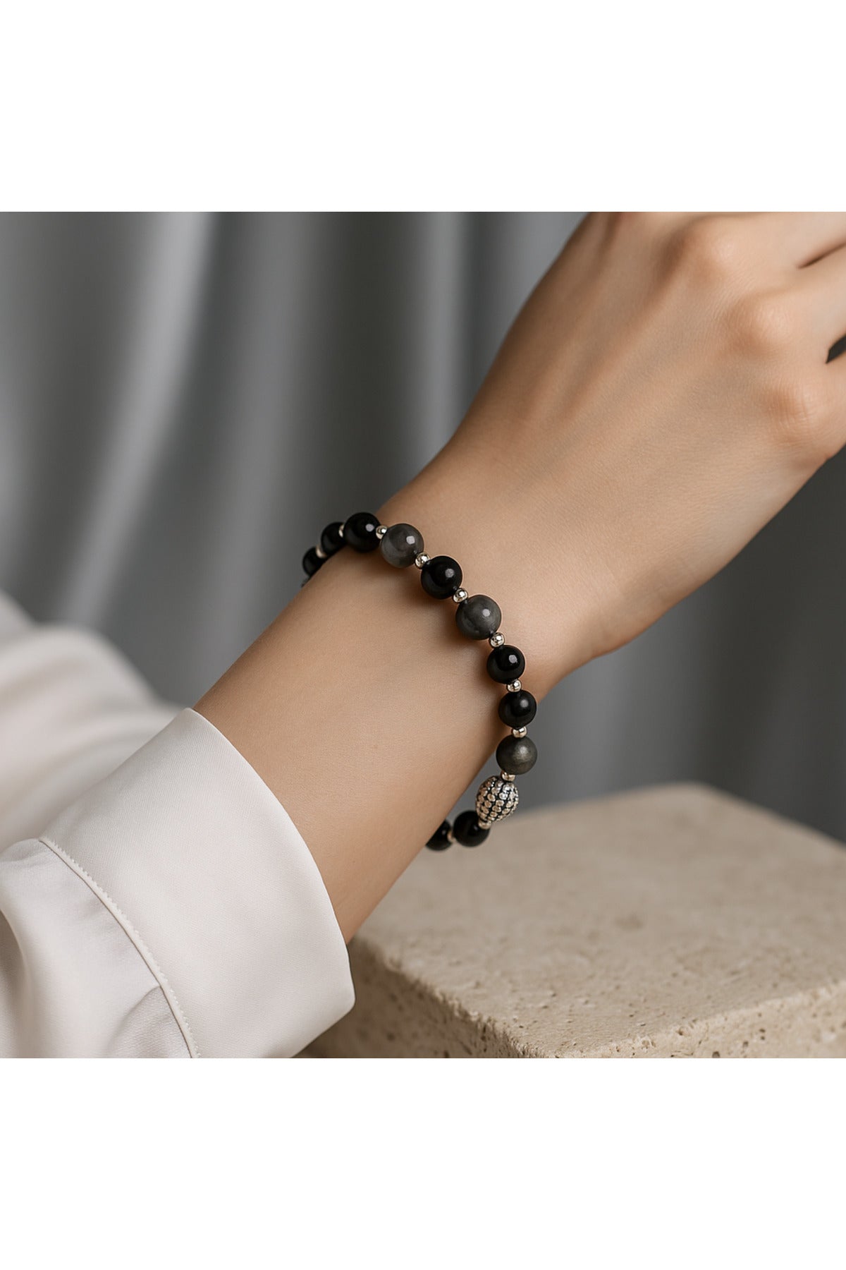 SERTİFİKALI Obsidyen-Hematit Doğal Taş Bileklik 6-8 mm