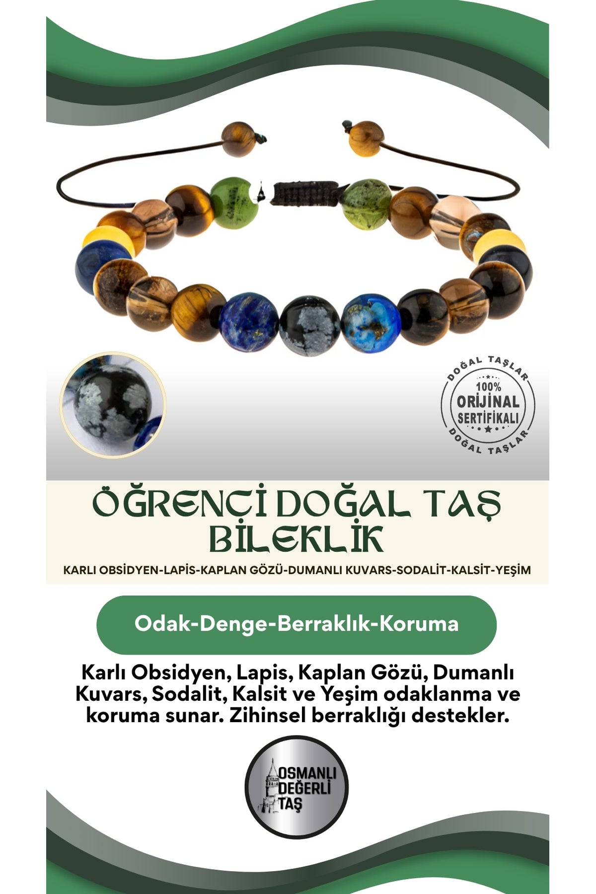 Öğrenci Doğal Taş Bileklik-Karlı Obsidyen-Lapis-Kaplan Gözü-Dumanlı Kuvars-Sodalit-Kalsit-Yeşim