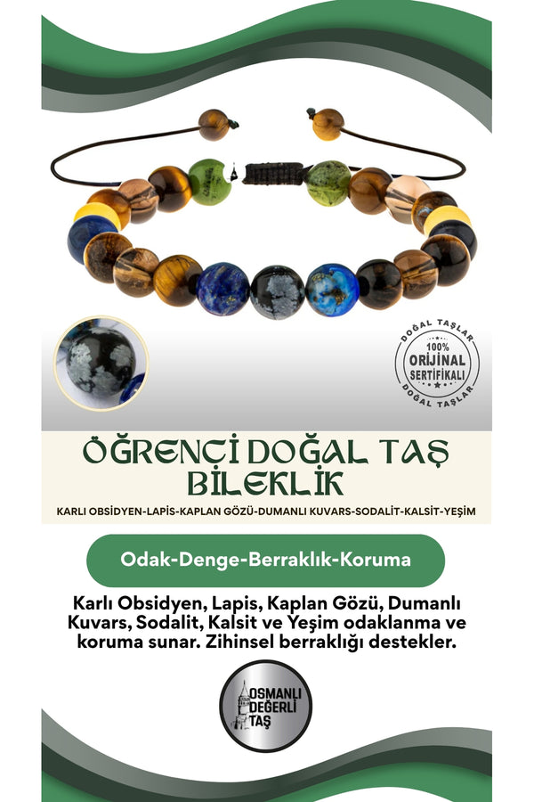 Öğrenci Doğal Taş Bileklik-Karlı Obsidyen-Lapis-Kaplan Gözü-Dumanlı Kuvars-Sodalit-Kalsit-Yeşim