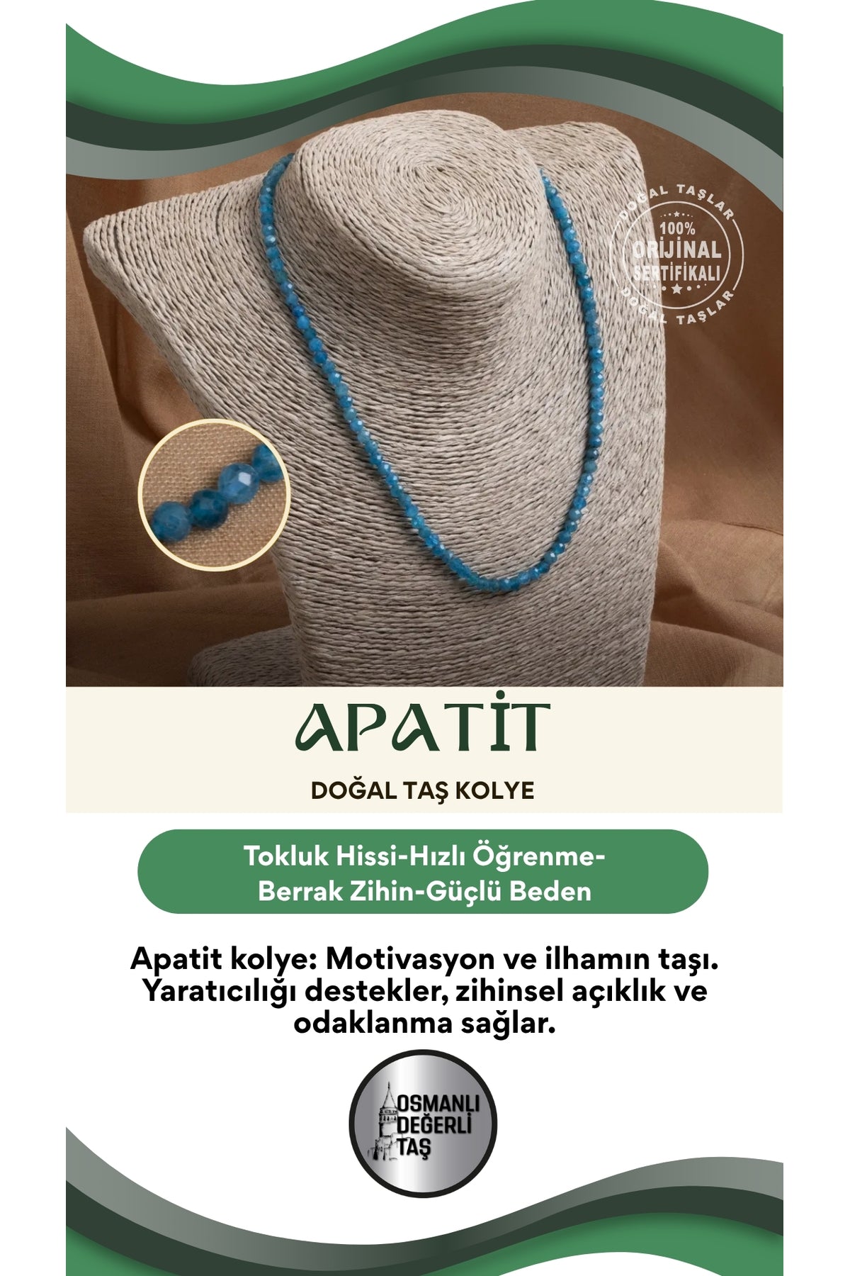 Sertifikalı Apatit Doğal Taşı Kolye