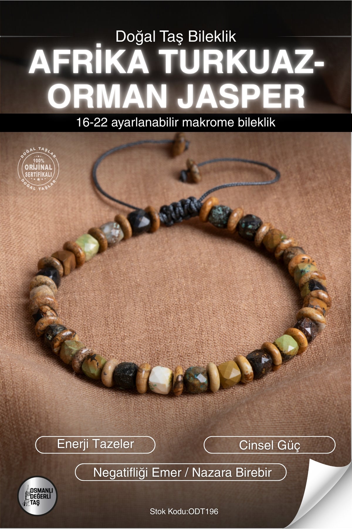 SERTİFİKALI Afrika Turkuaz-Orman Jasper Doğal Taş Makrome Bileklik ODT196
