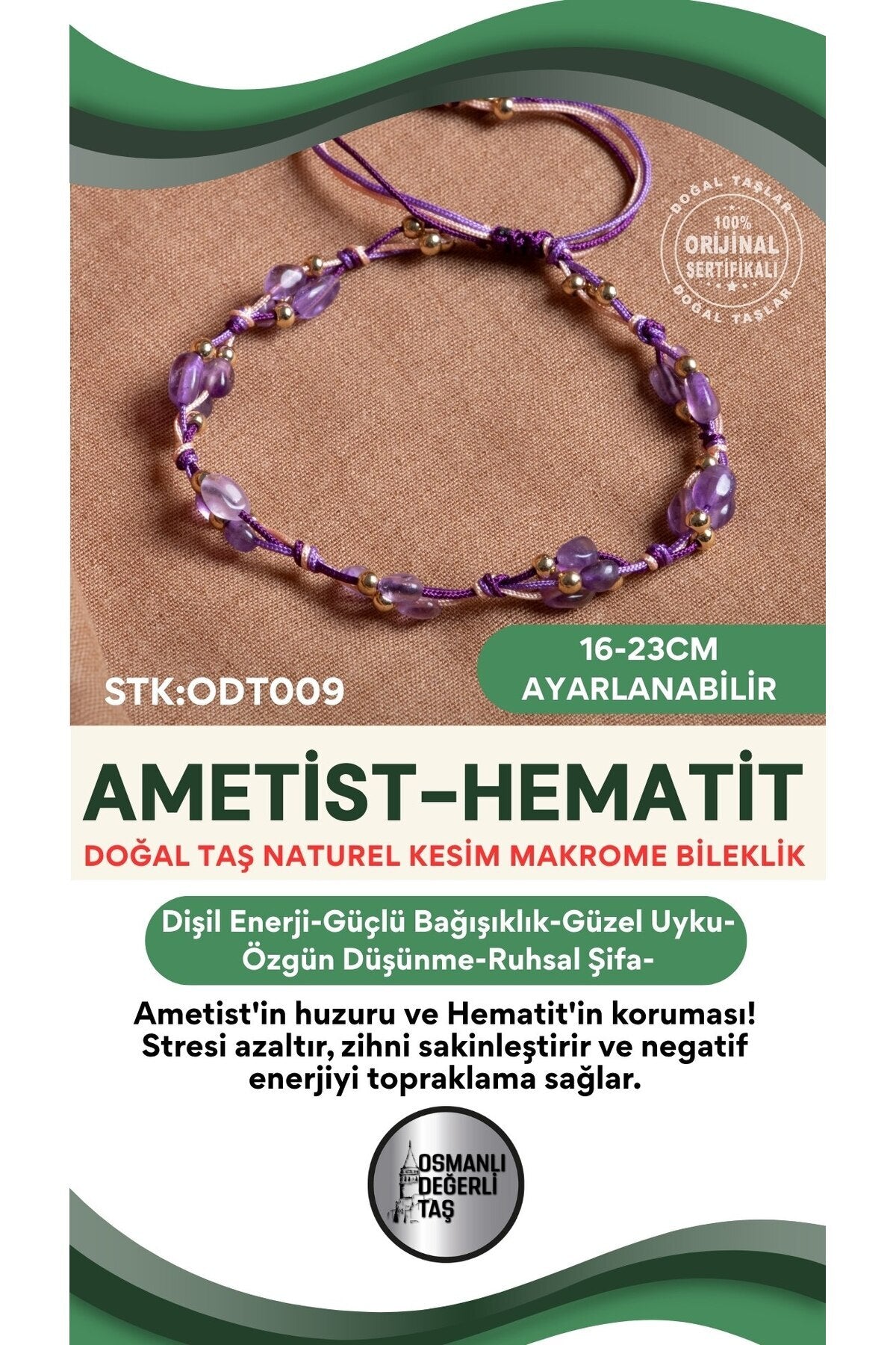 Sertifikalı Doğal Taş Ametist-Hematit Naturel Kesim Makrome Bileklik ODT009