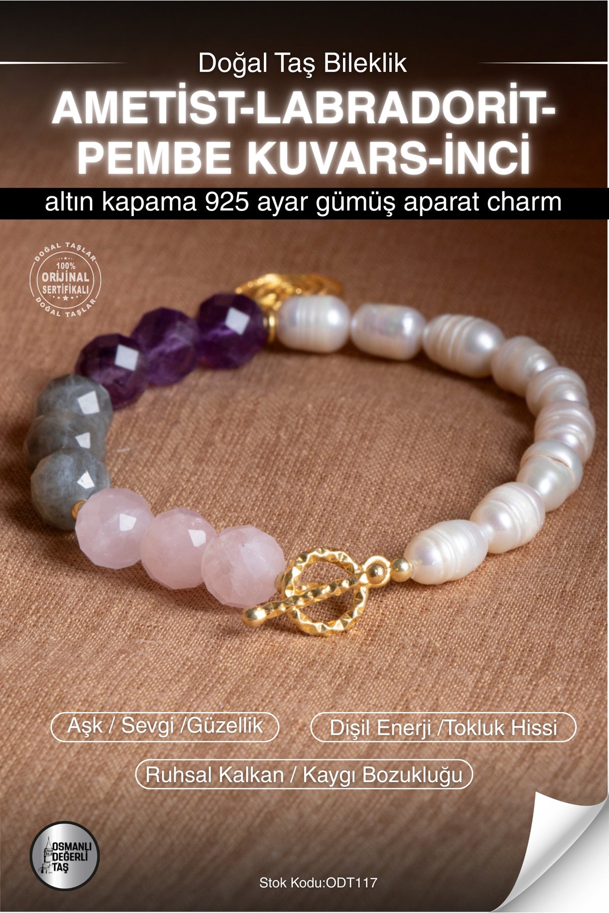 Sertifikalı AMETİST-LABRADORİT-PEMBE KUVARS-İNCİ Doğal Taş Altın Kaplama Gümüş Charm Bileklik ODT117