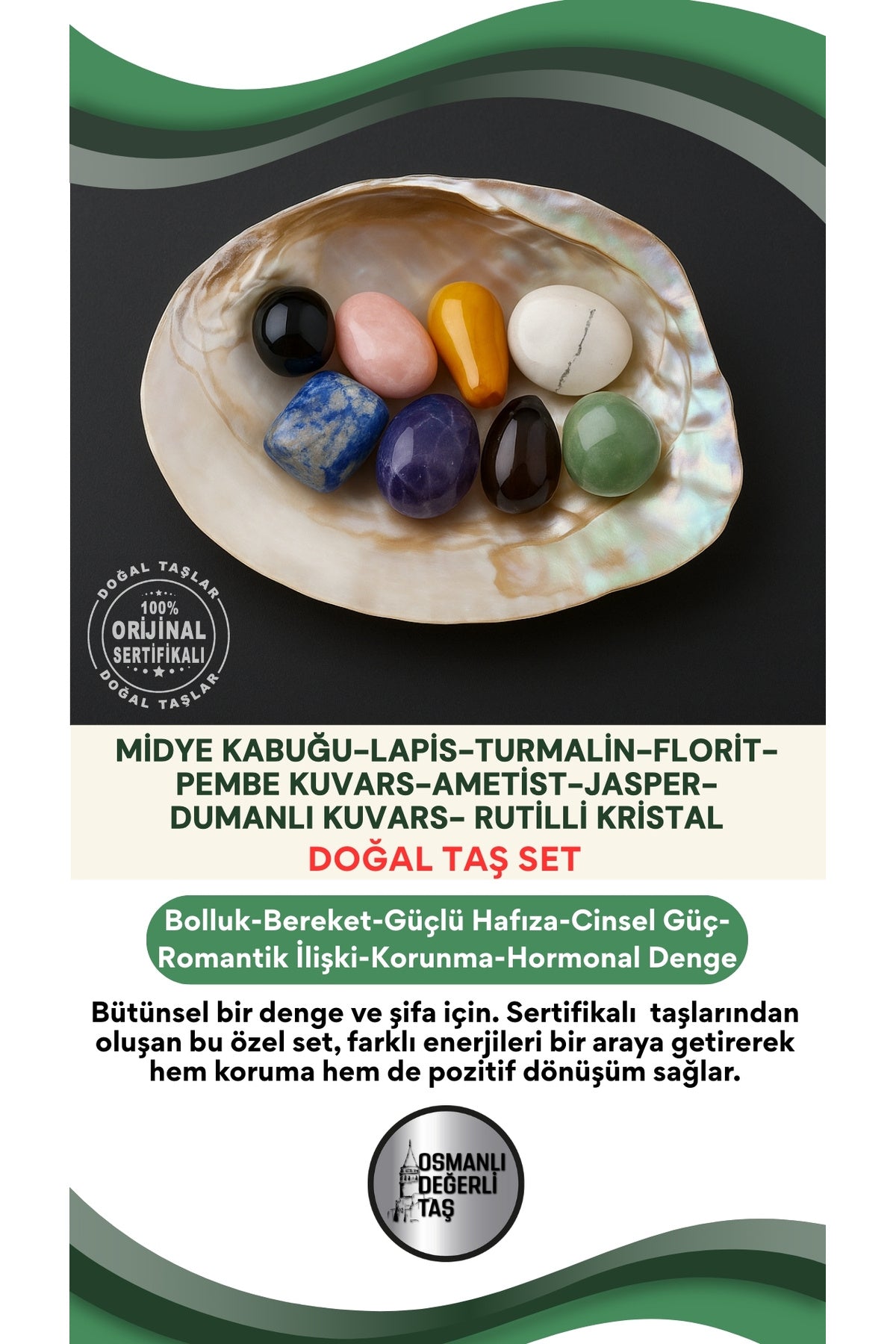 Midye Kabuğu-lapis-turmalin-florit-pembe Kuvars-ametist-jasper-dumanlı Kuvars- Rutilli Kristal-set