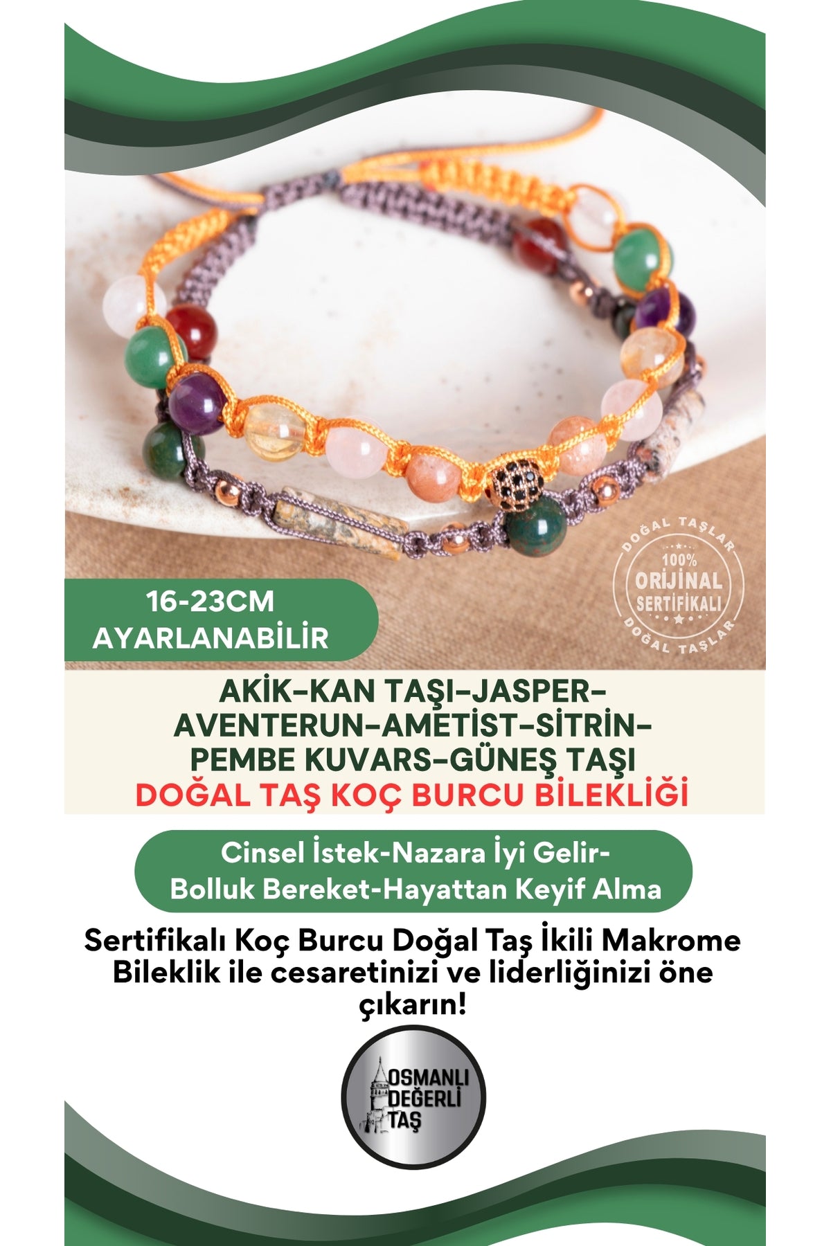 SERTİFİKALI Koç Burcu Doğal Taş İkili Makrome Bileklik